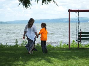 Mother and son by the lake...